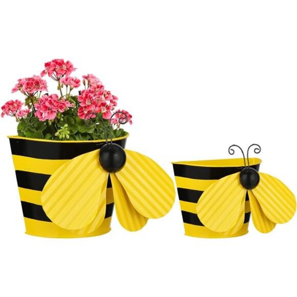 Set of 2 Bee Wall Hanging Planter Decor Art, Metal Wall Mounted Planters - Picture 1 of 8